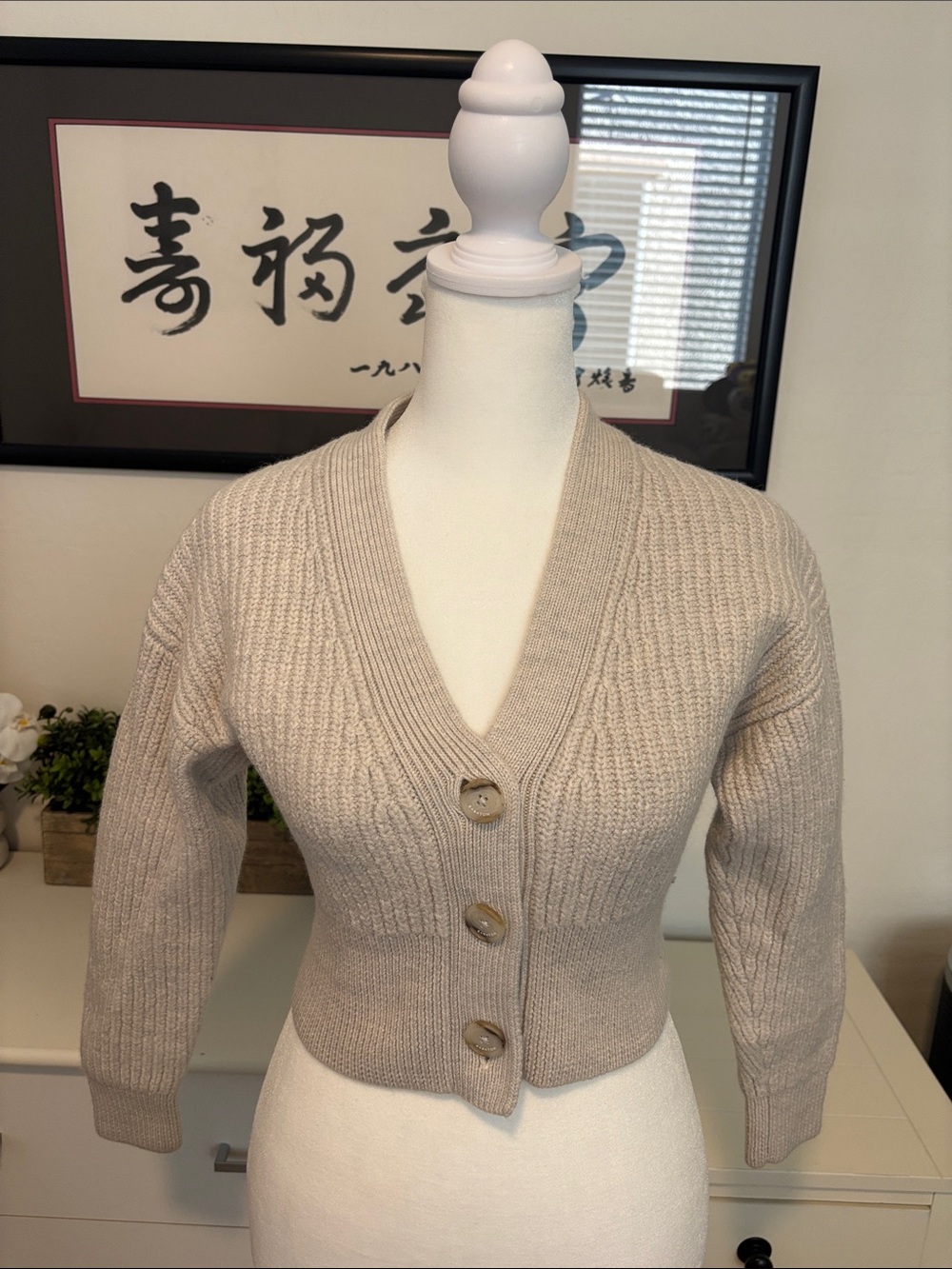 Aritzia Babaton Cropped Beige Ribbed V-Neck Cardigan